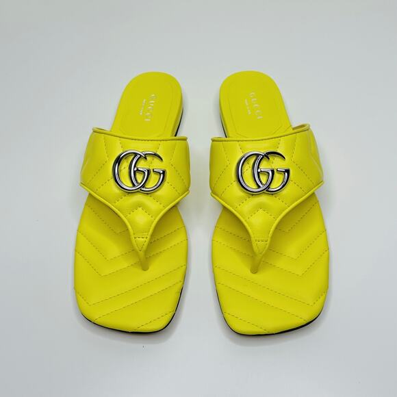 Gucci Marmont Chevron Double G 38/ US 8 Thong Sandals Lime Yellow Leather NIB - Picture 9 of 14